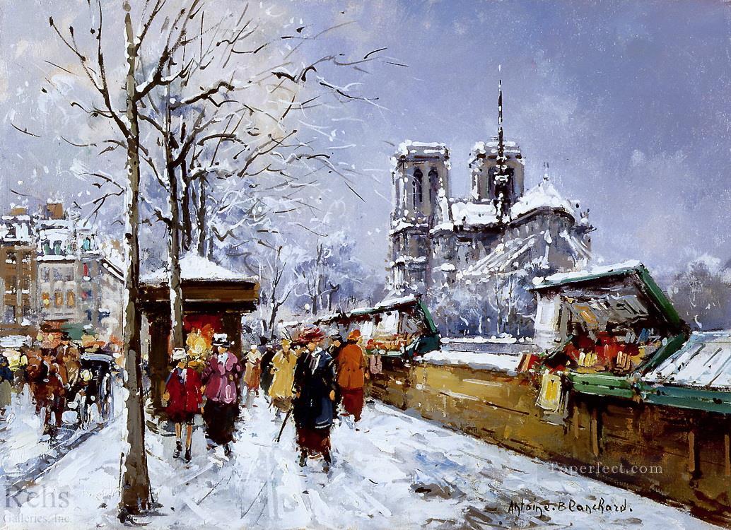 AB ブックセラー ノートルダムの冬のパリ油絵